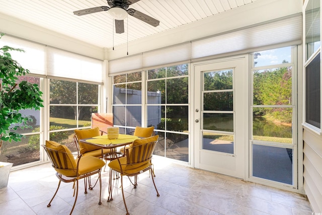 sunroom / solarium featuring ceiling fan and wooden ceiling