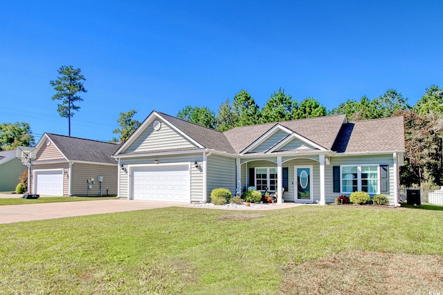 ranch-style house featuring a front lawn, a porch, and a garage