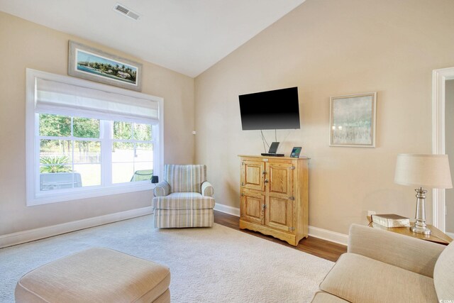 living room featuring wood-type flooring and vaulted ceiling