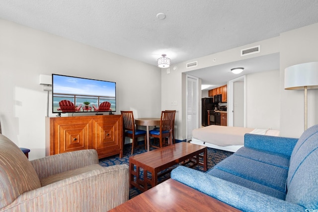 living room featuring a textured ceiling