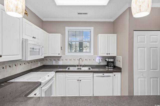 kitchen with white cabinets, backsplash, white appliances, and sink