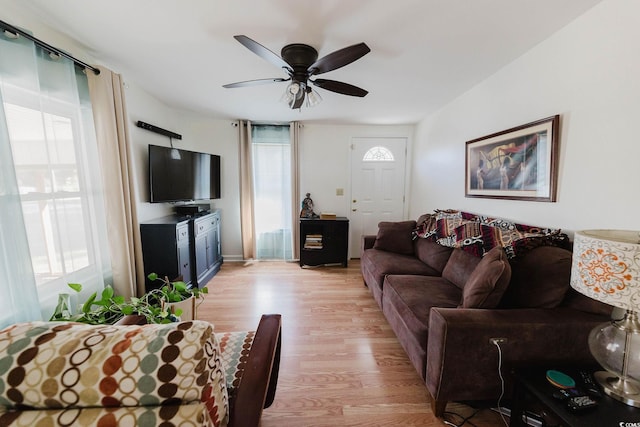 living room with ceiling fan, a healthy amount of sunlight, and light hardwood / wood-style flooring