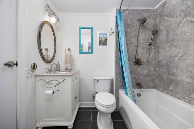 full bathroom featuring vanity, shower / bath combination with curtain, tile patterned flooring, toilet, and ornamental molding