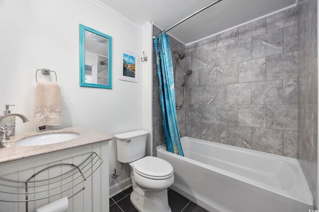 full bathroom with shower / bath combo, vanity, tile patterned floors, toilet, and ornamental molding