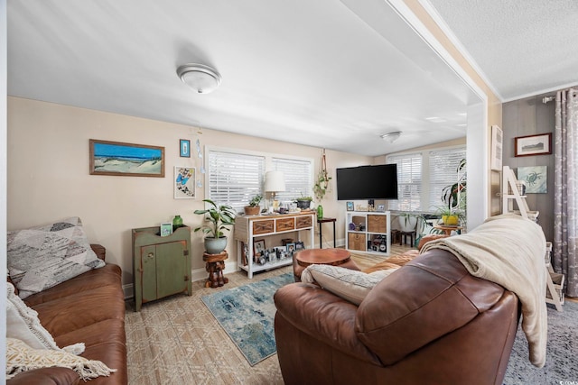 living room with plenty of natural light, a textured ceiling, and light hardwood / wood-style flooring