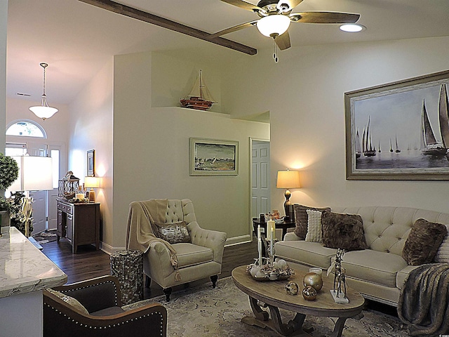 living room with dark hardwood / wood-style floors, ceiling fan, and vaulted ceiling