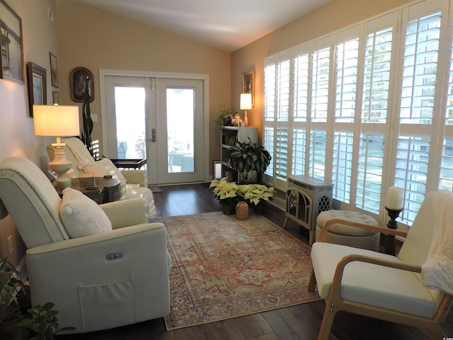 living room featuring lofted ceiling, a wealth of natural light, and dark wood-type flooring