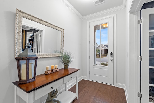 doorway featuring dark hardwood / wood-style floors and ornamental molding