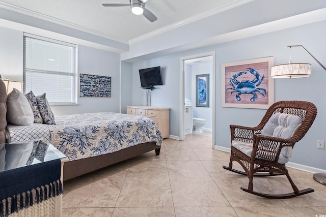 bedroom featuring connected bathroom, ceiling fan, a textured ceiling, and ornamental molding