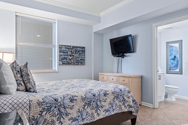 tiled bedroom with ensuite bath and crown molding