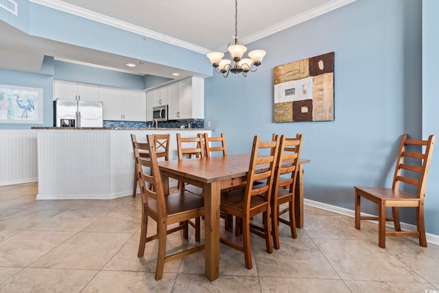 dining space with crown molding, light tile patterned flooring, and a chandelier