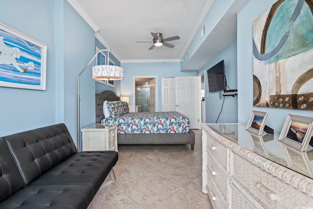 bedroom featuring ensuite bathroom, a textured ceiling, ceiling fan, crown molding, and light tile patterned floors