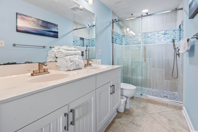 bathroom featuring vanity, an enclosed shower, and toilet