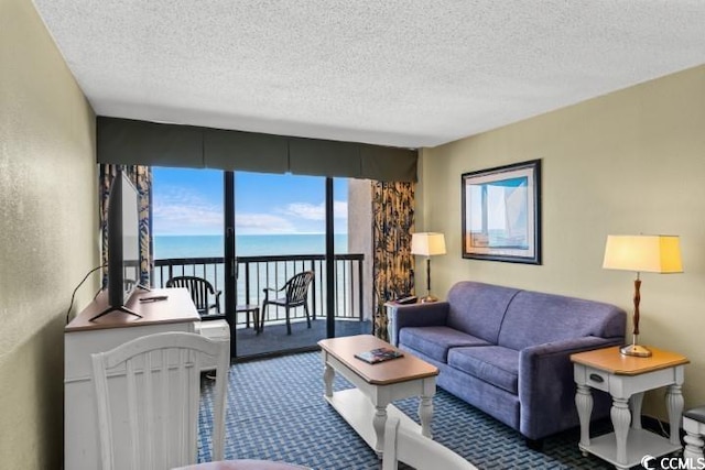 carpeted living room featuring a textured ceiling