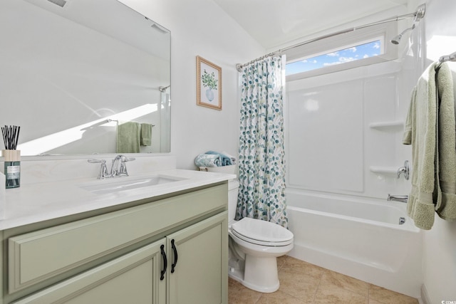 full bathroom featuring toilet, shower / bath combo, vanity, and tile patterned floors