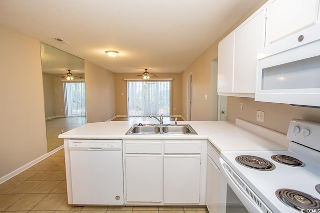 kitchen featuring kitchen peninsula, white appliances, white cabinetry, and sink