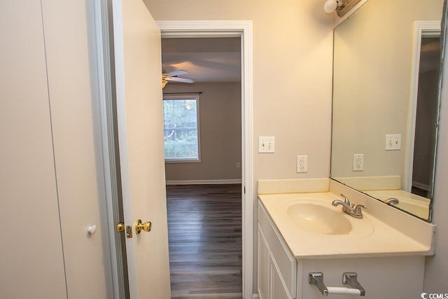 bathroom with hardwood / wood-style floors and vanity