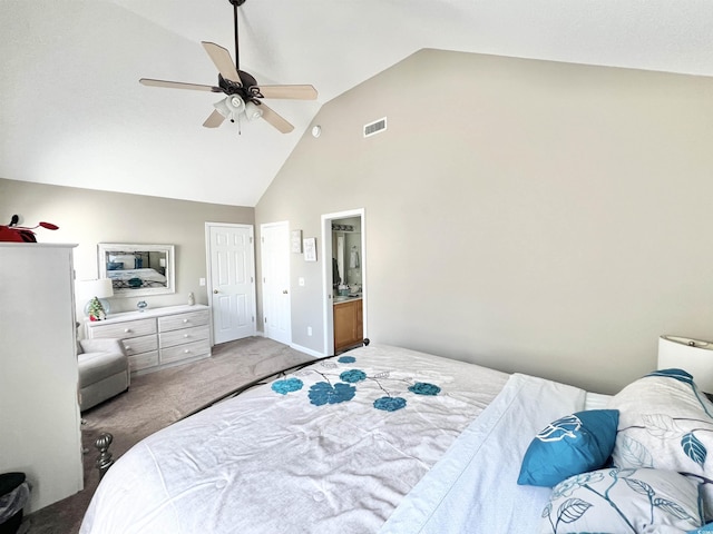 carpeted bedroom featuring ceiling fan, high vaulted ceiling, and ensuite bathroom