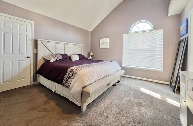 carpeted bedroom with high vaulted ceiling