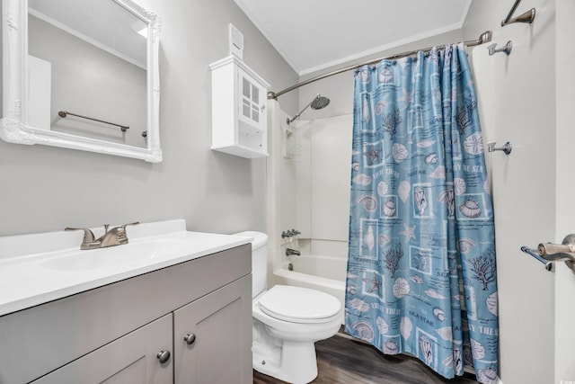 full bathroom with shower / bathtub combination with curtain, vanity, hardwood / wood-style floors, and toilet