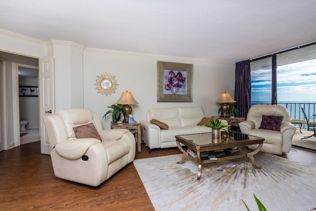 living room featuring dark hardwood / wood-style flooring, a wall of windows, and crown molding