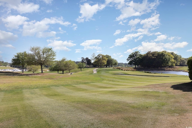 view of community with a water view and a lawn