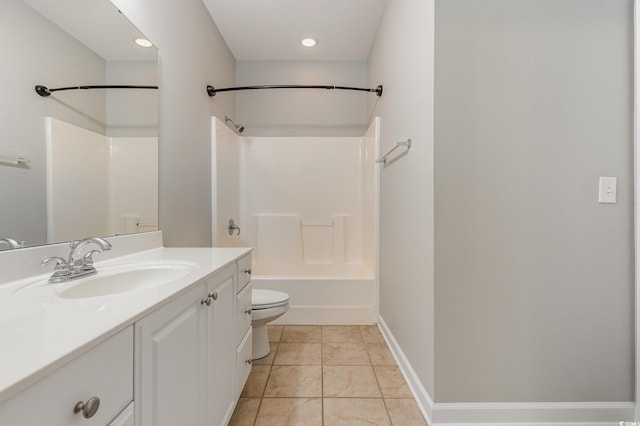 full bathroom featuring bathing tub / shower combination, vanity, tile patterned floors, and toilet