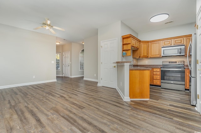 kitchen featuring kitchen peninsula, dark wood-type flooring, appliances with stainless steel finishes, ceiling fan, and sink