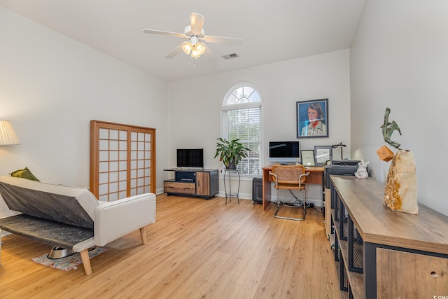 office area featuring light wood-type flooring and ceiling fan