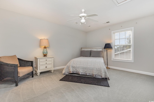 carpeted bedroom with ceiling fan