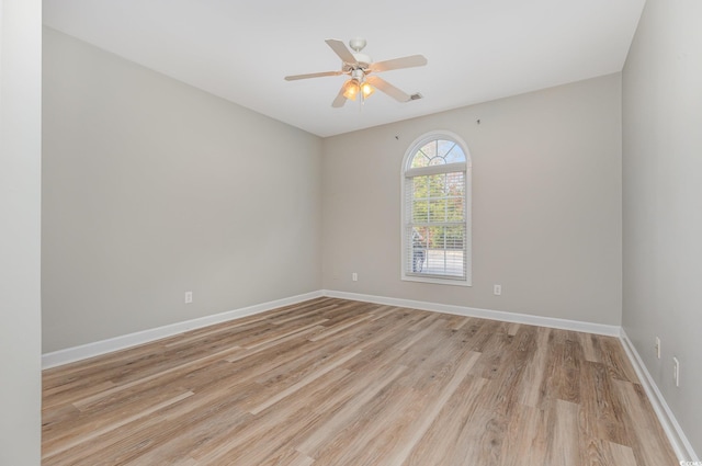 empty room featuring ceiling fan and light hardwood / wood-style floors