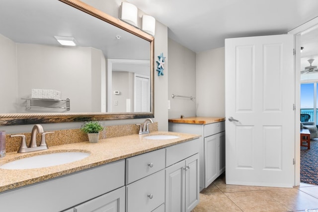 bathroom featuring tile patterned floors, vanity, and ceiling fan