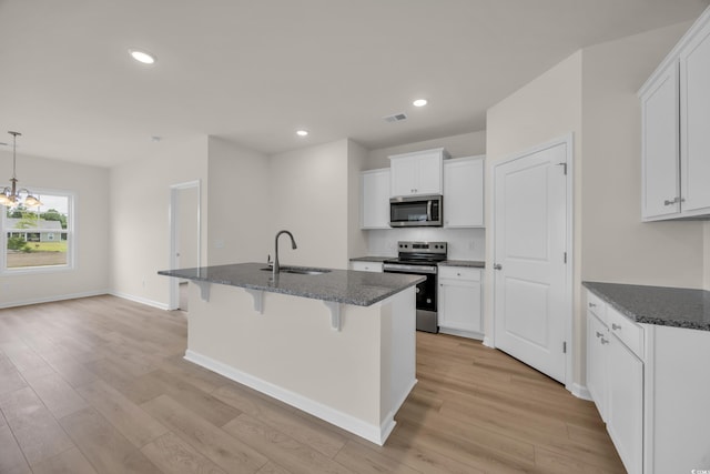 kitchen with stainless steel appliances, a sink, light wood finished floors, white cabinets, and recessed lighting