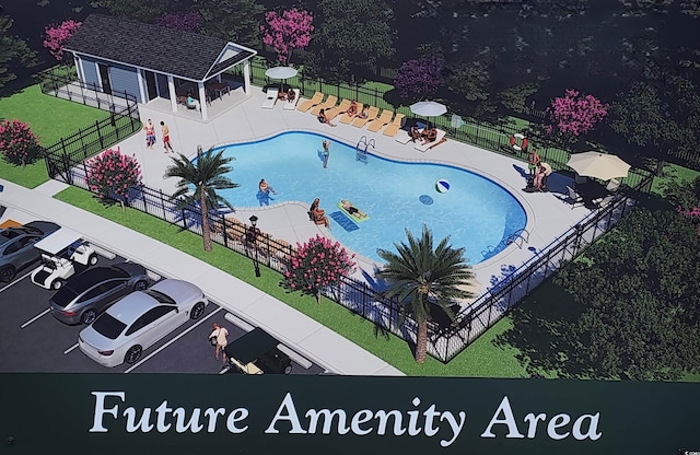 community pool with fence, a patio, and an outdoor structure