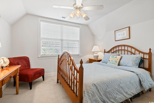 carpeted bedroom featuring ceiling fan and lofted ceiling