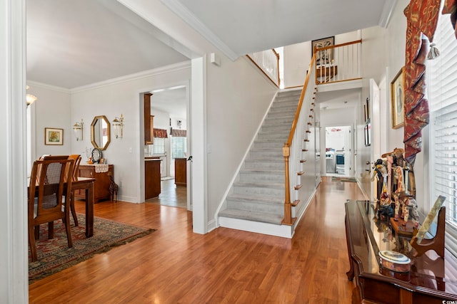 foyer featuring wood-type flooring and ornamental molding