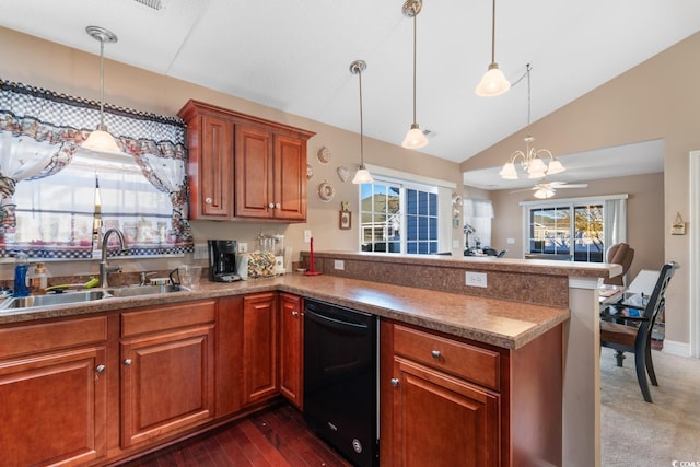 kitchen with ceiling fan, kitchen peninsula, sink, and vaulted ceiling