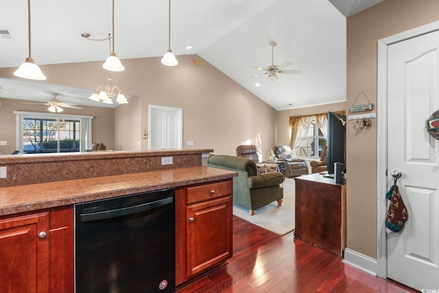 kitchen featuring hanging light fixtures, black dishwasher, dark hardwood / wood-style flooring, lofted ceiling, and ceiling fan with notable chandelier