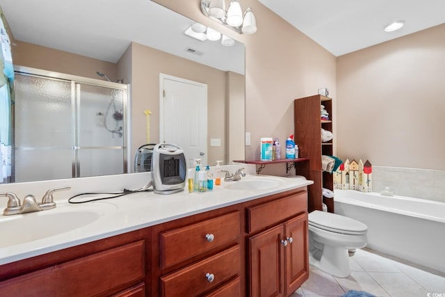 full bathroom featuring tile patterned flooring, vanity, toilet, and plus walk in shower