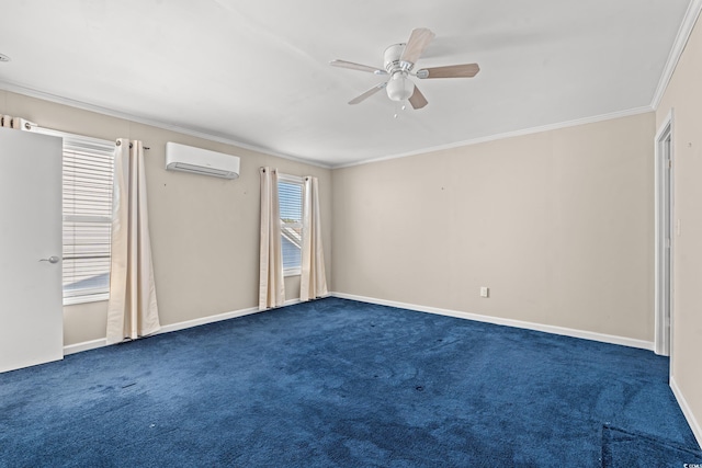 spare room featuring a wall mounted air conditioner, dark colored carpet, a wealth of natural light, and crown molding