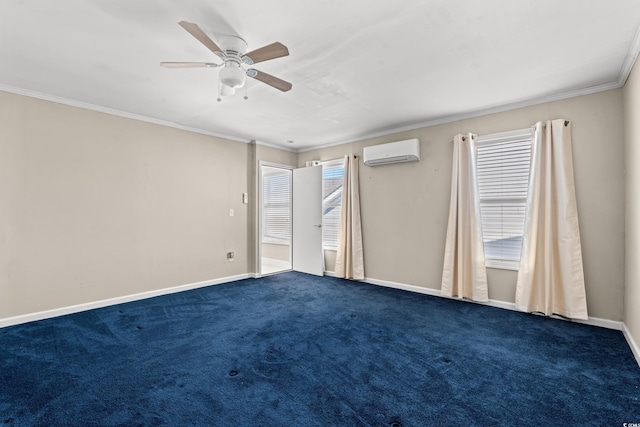 empty room with ceiling fan, dark carpet, an AC wall unit, and crown molding