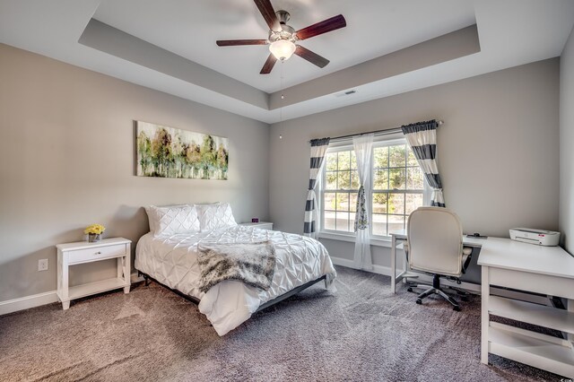 bedroom with carpet flooring, ceiling fan, and a raised ceiling