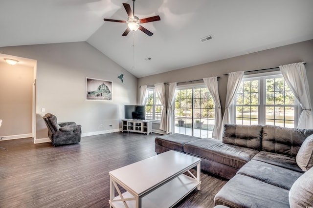 living room featuring dark hardwood / wood-style floors, ceiling fan, and lofted ceiling