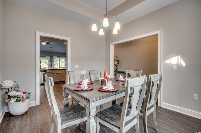 dining space featuring ceiling fan with notable chandelier and dark hardwood / wood-style floors