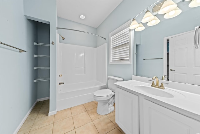 full bathroom with toilet, shower / tub combination, vanity, and tile patterned floors