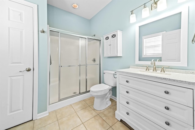 bathroom with tile patterned floors, vanity, toilet, and walk in shower