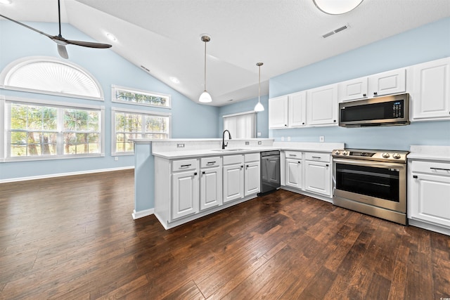 kitchen featuring kitchen peninsula, appliances with stainless steel finishes, vaulted ceiling, sink, and white cabinets