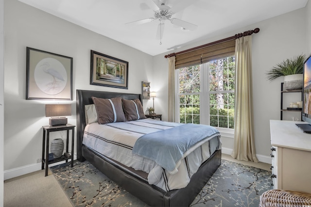 bedroom with ceiling fan and dark carpet