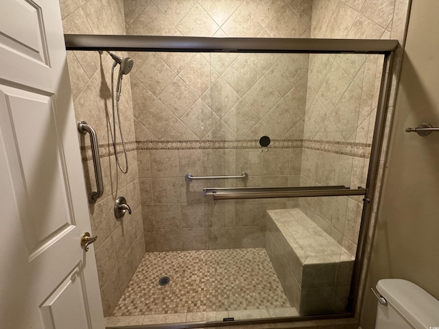 bathroom featuring toilet and a shower with shower door