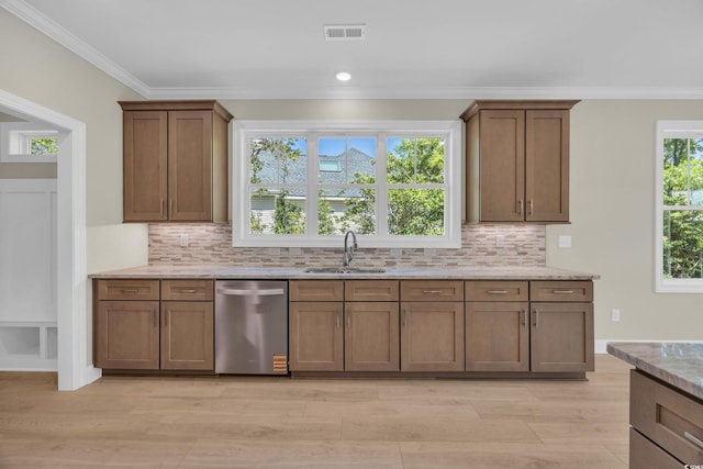 2515 Saint Andrews Dr, Little River, SC 29566 - kitchen featuring dishwasher, a sink, ornamental molding, light stone countertops, and backsplash